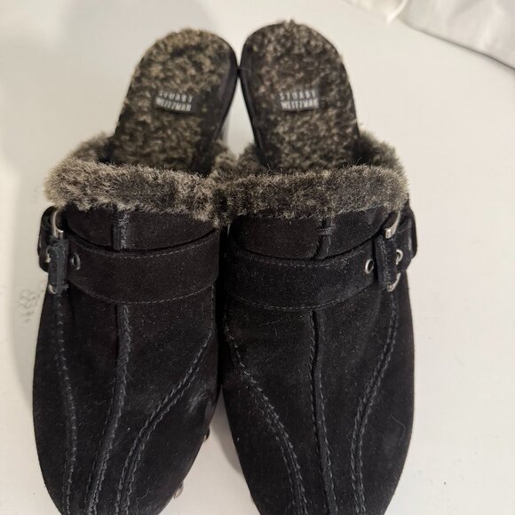 Stuart Weitzman Black Suede Shearling Clog Mules | Women’s 6 - Picture 1 of 13